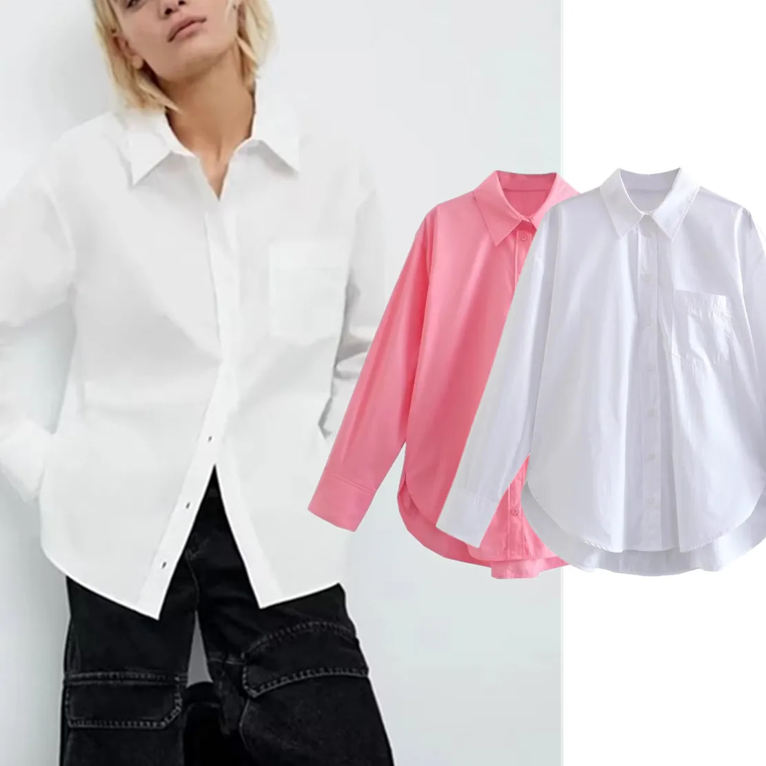 

Jenny&Dave England Style High Street Boyfriend Pockets Loose Solid Shirt Casual Blouse Women