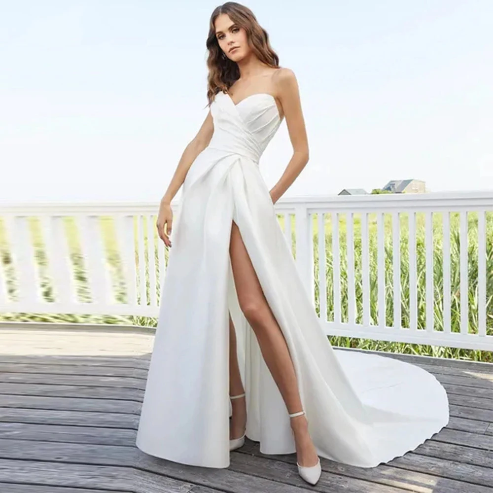 

Simple Satin A Line Wedding Dress Sweetheart High Slit Ruched Bridal Gowns Backless Sweep Train Boho Women Bride Dress