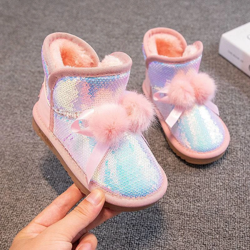 

New Children Snow Boots Girls Thick Plush Cotton Shoes Baby Toddler Fashion Rhinestones Princess Kids Ankle Boots 019