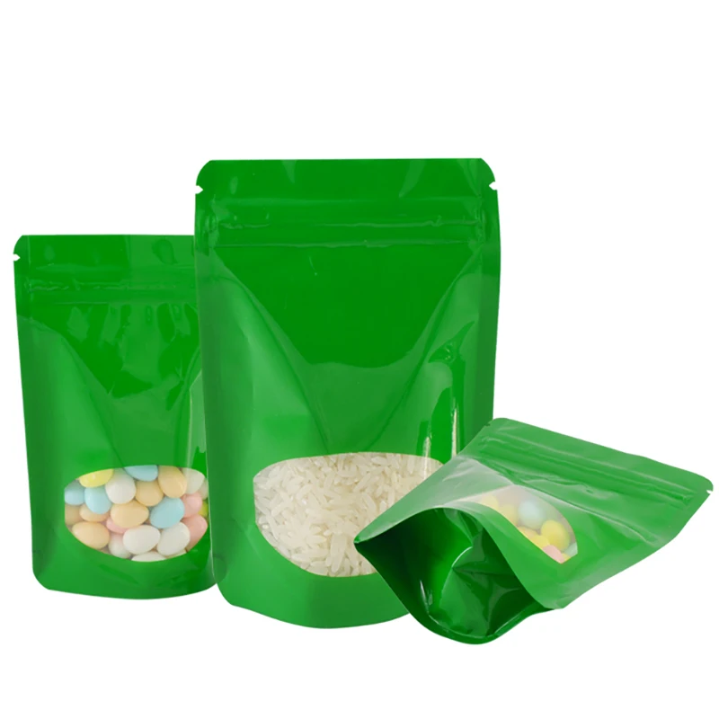 

100PCS Green Aluminum Foil ZipLock Snack Pet Food Mylar Bag With Clear Window Resealable Sugar Spice Beans Gift Printed Pouches