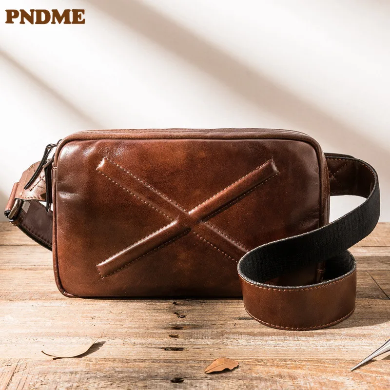 PNDME retro fashion luxury handmade designer top cowhide men's chest bag daily outdoor sports genuien leather messenger bag