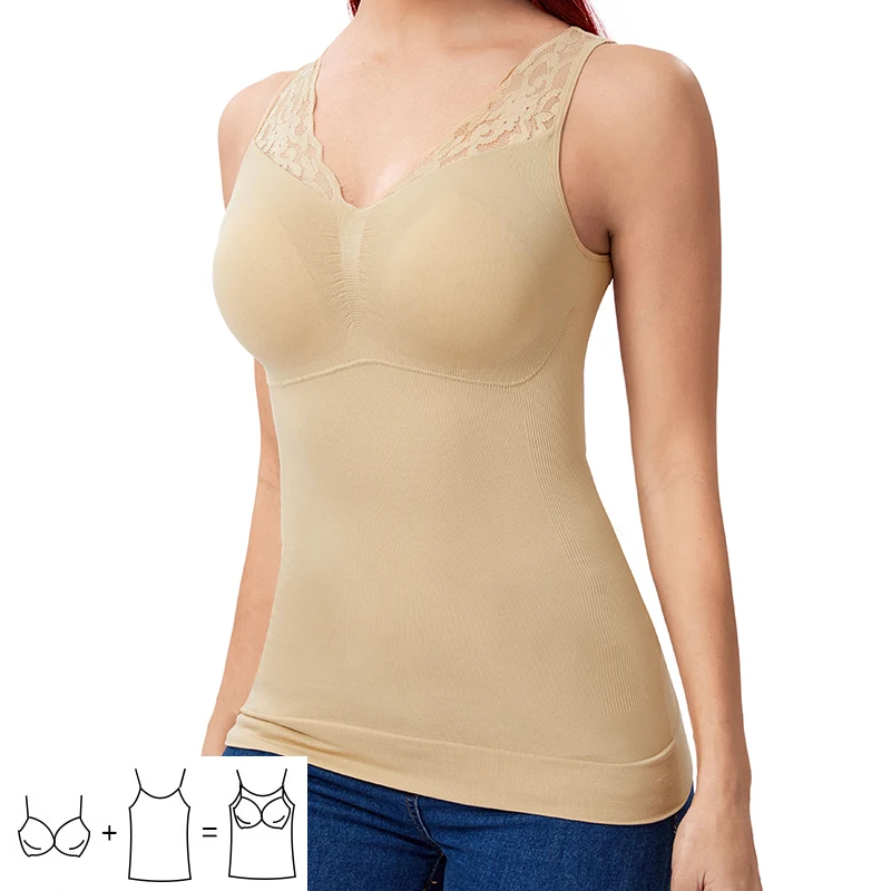 Built In Bra Tank Top Women Shapewear Back Smooth Tummy Control Slim Waist Body Shaper Seamless Lace Camis Padded Vest Lifewear