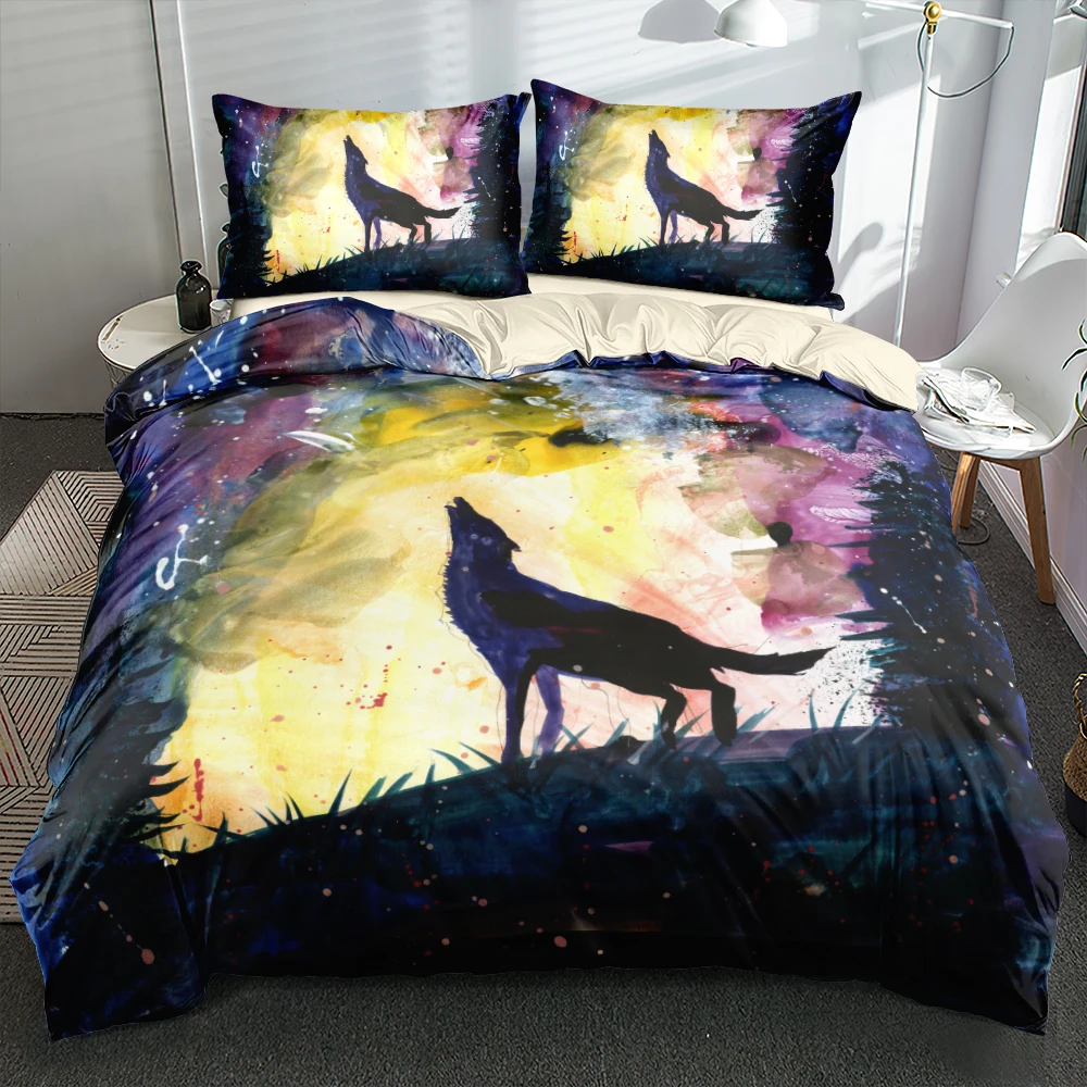 

100%Microfiber Coral Forest Black Wolf Bedding Set Bedroom Bedclothes Pillowcases Queen King Full Twin Sizes Close Skin Bed Set