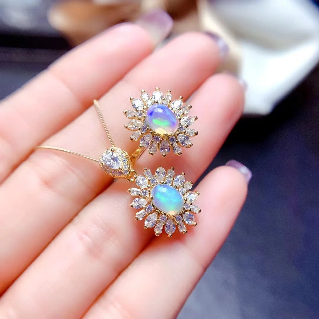 Женский комплект из кольца и кулона серебра 925 пробы с австралийским опалом