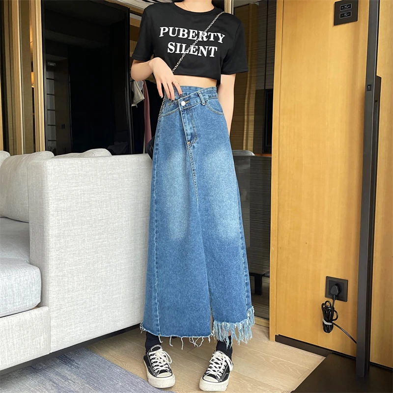 

New Irregular Slit Skirt 2022 Summer High Waist Mid-length Denim A-line Skirt loose size Jean Skirts Woman