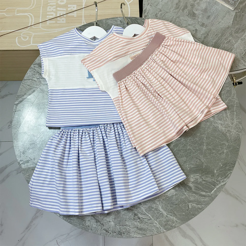 

High end casual children's wear girls' loose cotton T-shirt summer wear + pleated skirt two piece set high quality fabric set
