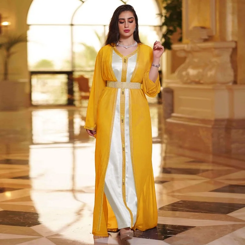 2 Piece Abaya Set Vest Long Dress Chiffon Kimono Eid Dubai Moroccan Caftan Evening Dresses For Women Arabic Muslim Clothes 2022