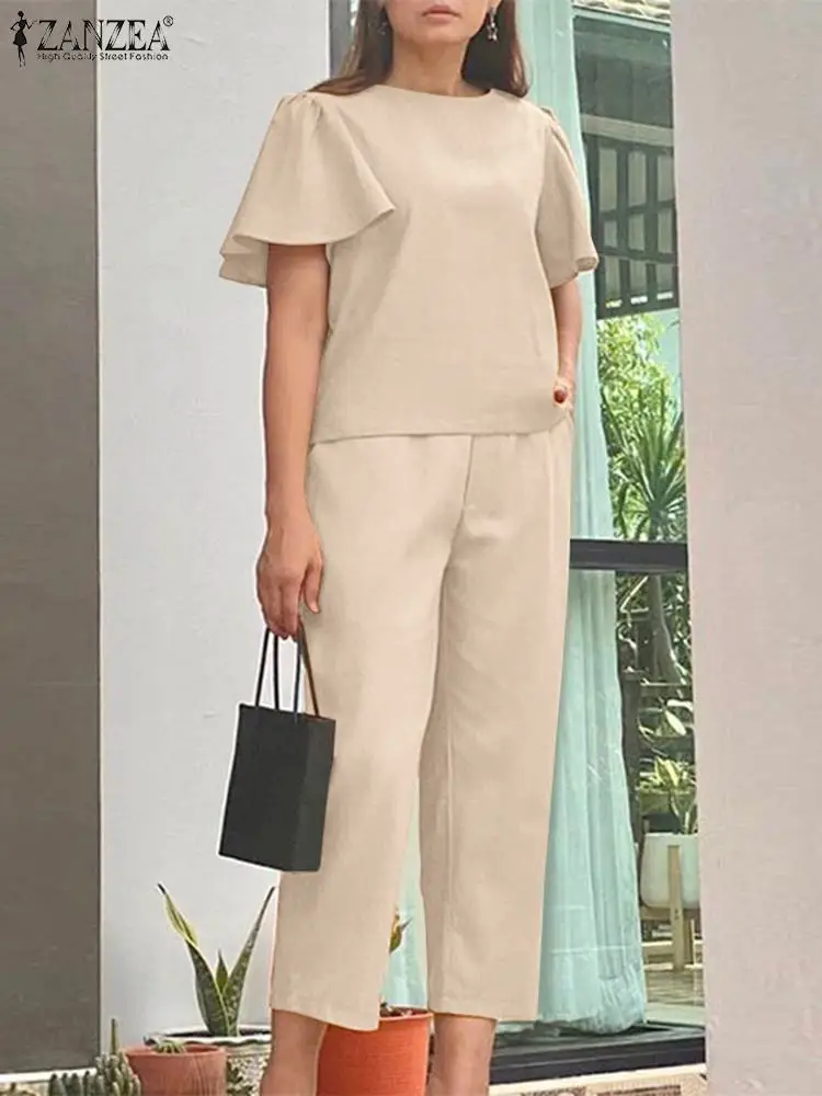 

ZANZEA Fashion Solid Suit 2PCS Short Sleeve O-Neck Blouse Wide Leg Pants Femme OL Work Outifits Summer Elegant Urban Tracksuits