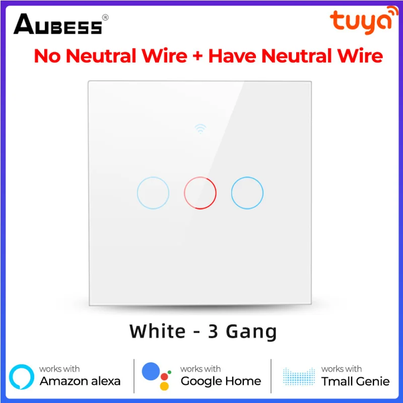 

No Neutral Wire Required Tuya Wifi Smart Touch Switch 1 2 3 4Gang Light Switch Smartlife APP Control Work with Alexa Google Home