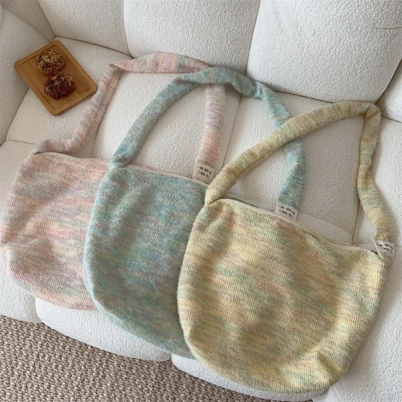 

Youda New Fashion Wool Fabric Shoulder Bag for Women Knitting Colorful Pattern Handbag Large Casual Capacity Shopping Tote Bags