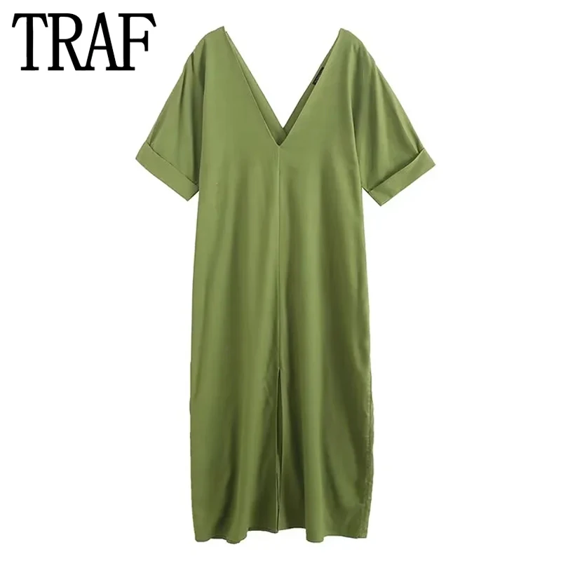 

TRAF Green Long Dress Women Beach Tunic Summer Dresses Woman 2023 Short Sleeve Midi Casual Women's Elegant Loose Dresses