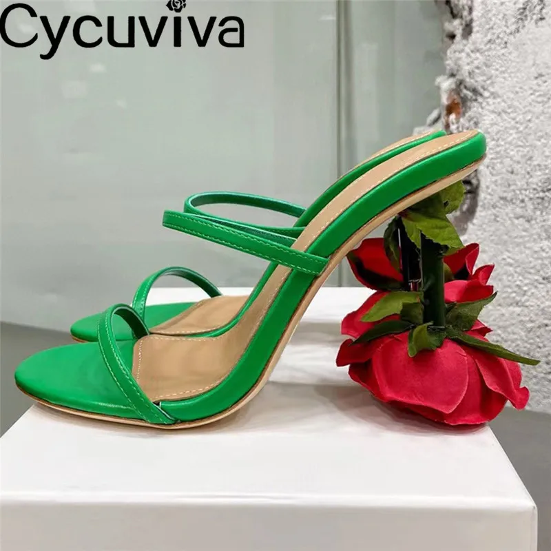 

New Rose Flower Heel Slippers Women Designer Leather High Heels Party Shoes Summer Slide red Rose Heel Wedding Braid Shoes Woman