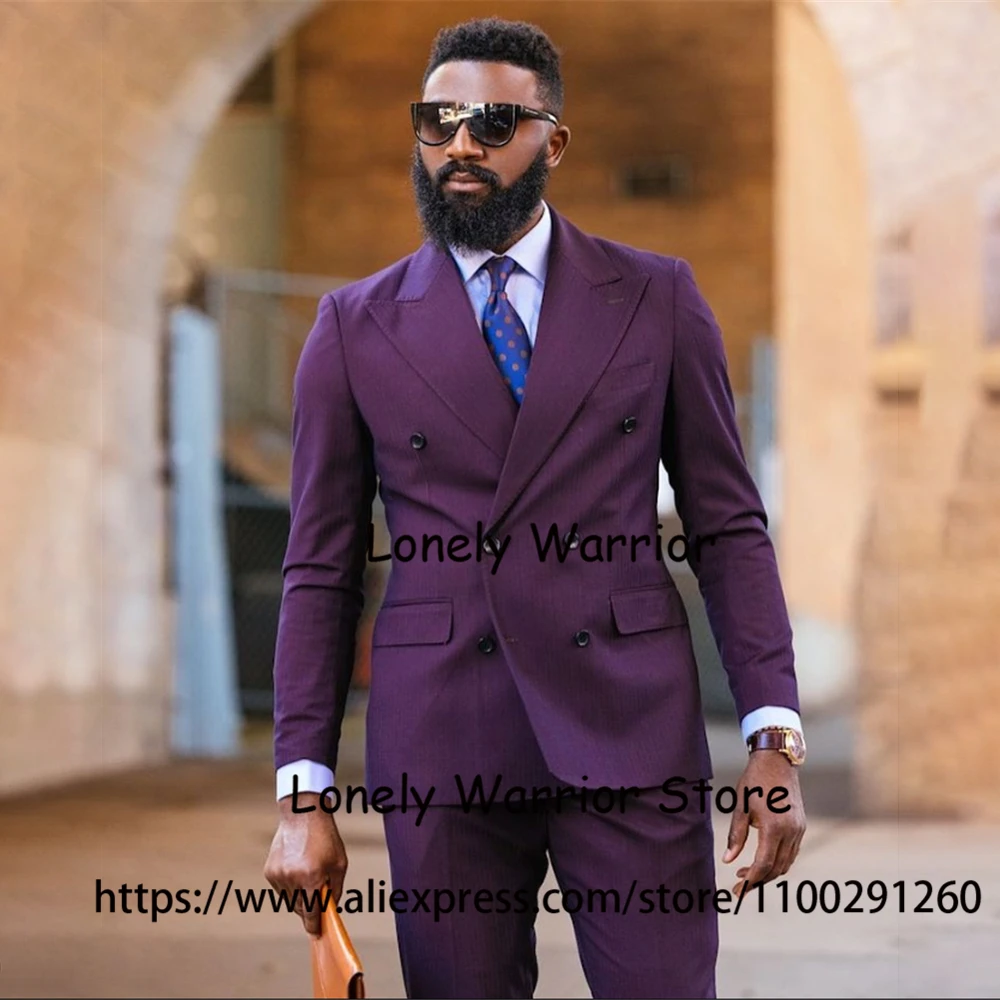 Fashion Purple Suit For Men Double Breasted Business Blazer Slim Fit Wedding Groom Tuxedo Costume Homme 2 Piece Set Jacket Pants