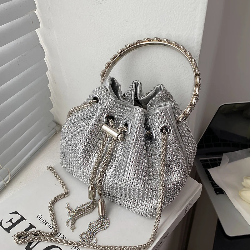 

Women's Bag 2022 Trend Chain Bag Hand Bucket Bag Advanced Handbag Full Diamond Rhinestone Bag Messenger Bag Wild Fashion New A02