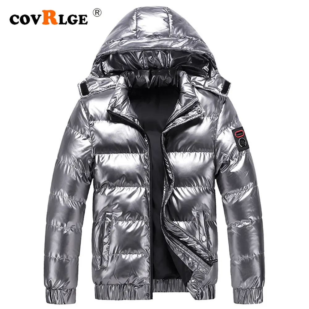 Covrlge Fashion Trend Winter Men's Coat Motorcycle Glossy Cotton Parkas Male Solid Color Turn-down Collar Loose Overcoat MWM163