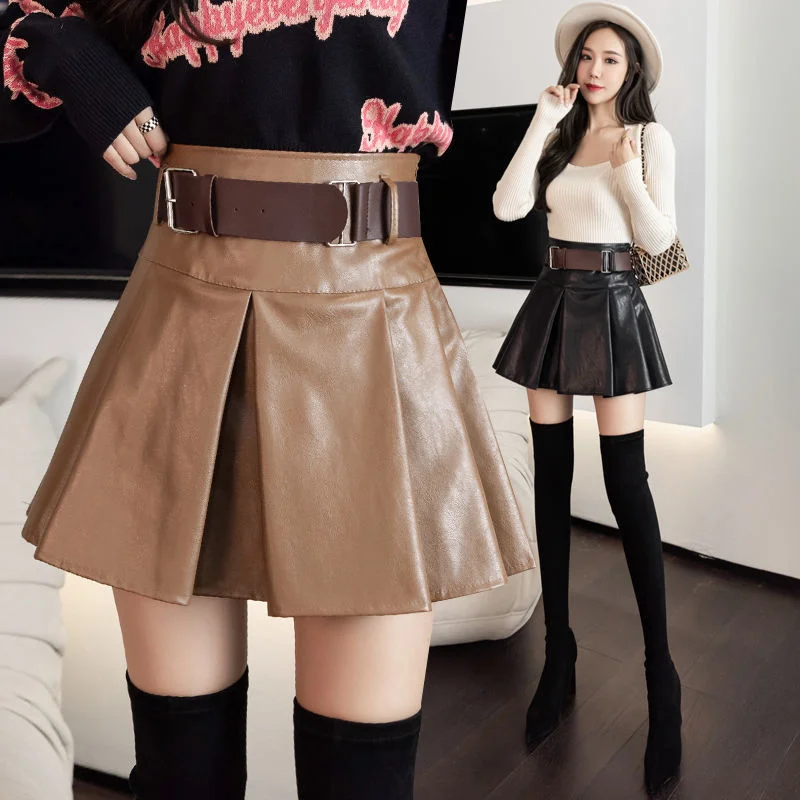 

Pleated Elegance Fashion High Waist A-line Mini Sashes Korean Autumn Streetwear Leather Skirt Women Lining Casual