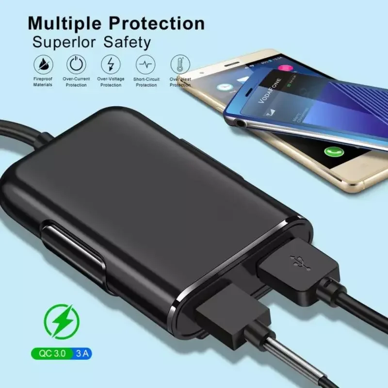 

One For Four 4USB Car Charger With Cable QC3.0 Fast Charge Front And Rear Car Charger Four Port Car Charger Auto Cigarette Light