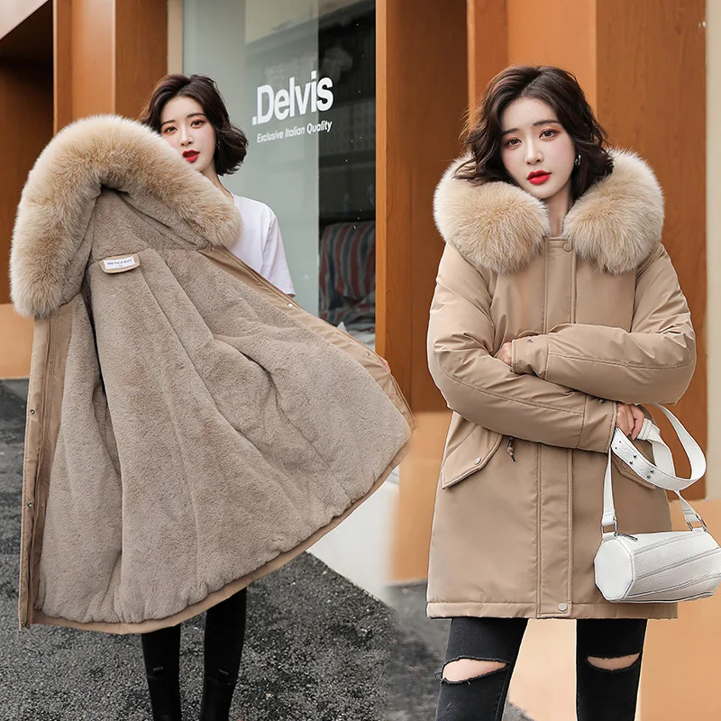 2022 New Winter Jacket Women Parkas Warm Fur Collar Jacket Long Hooded Parka Coat Female Fur Lining Thick Office Lady Streetwear