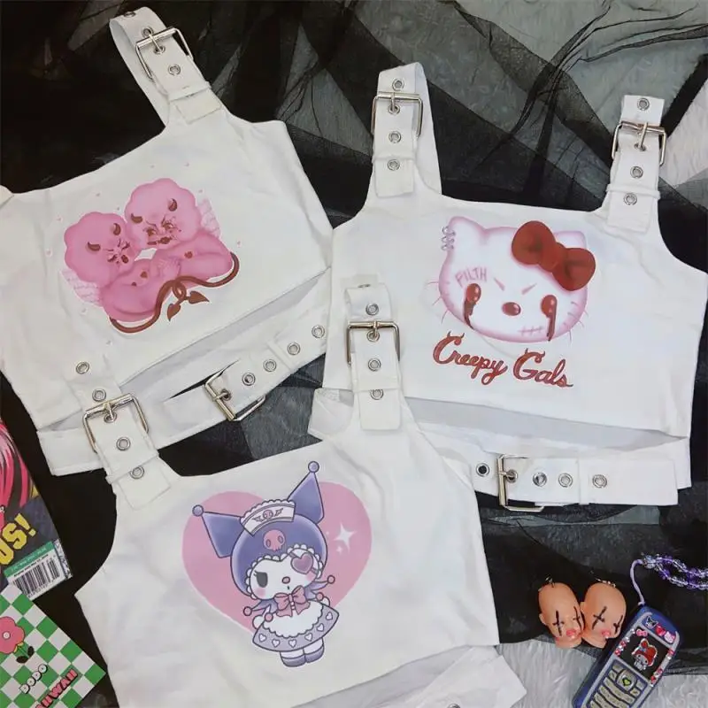 

New Hello Kitty Kuromi Sexy Vest Japanese Harajuku Style Y2K Cartoon Spice Girls Cartoon Print Buckle Waistless Cute Vest Gift
