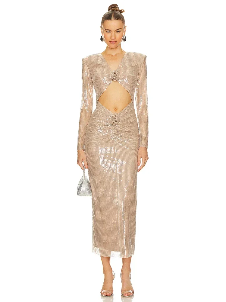 Женское платье с V-образным вырезом длинное цвета хаки длинными рукавами и