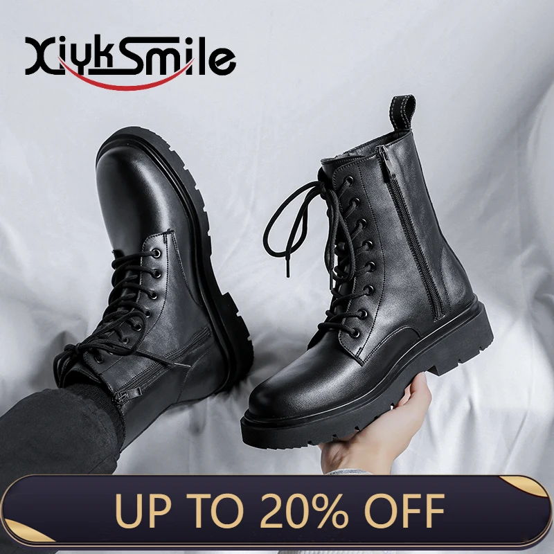 

European and American zipper British style men's mid-top autumn and winter tooling leather boots Martin boots vintage boots