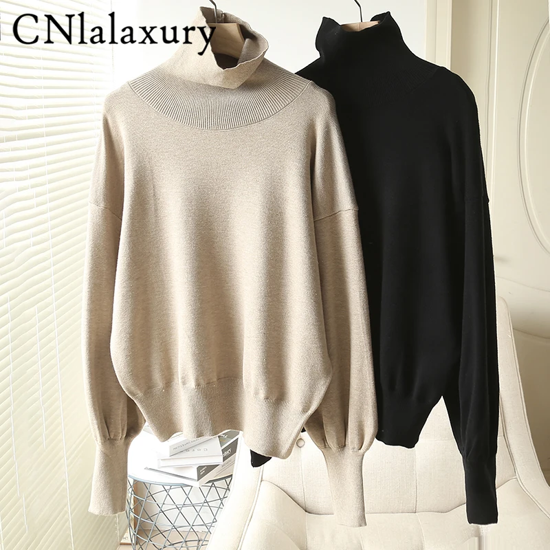 

CNlalaxury Spring Autumn 2023 Woman Black Turtleneck Sweater Casual Lantern Long Sleeve Solid Thin Pullover Knitted Sweaters