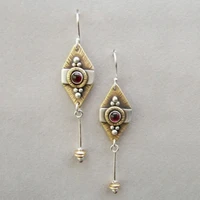 fashion two tone tribal redstone inlaid earrings gypsy jewelry geometric engraving wedding bridal drop earrings