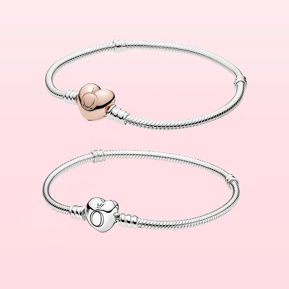 

925 Silver Heart Clasp Snake Chain Bracelet fit Pandora Original Charm Beads Diy Fashion Jewely for Women Birthday Banquet Gift