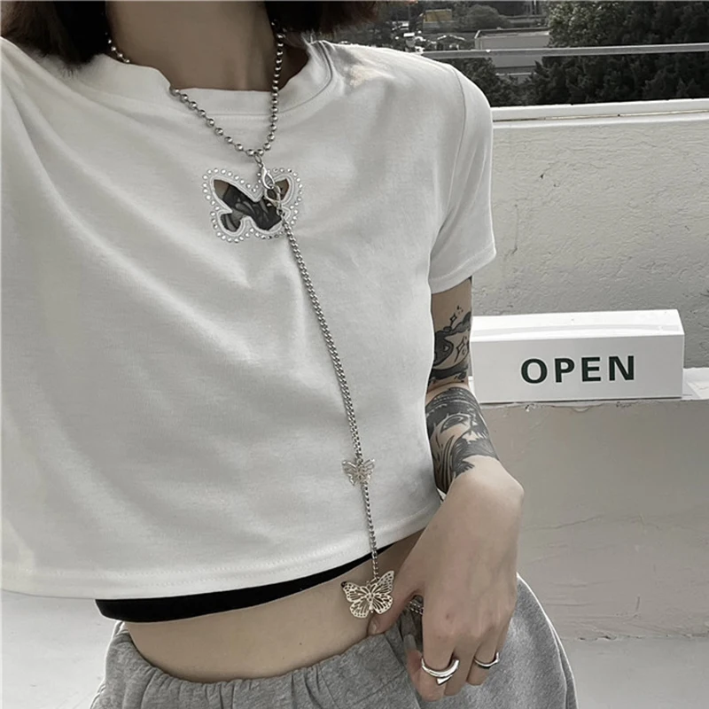 

Harajuku Lady Diamond Metal Chain Cool T Shirts Female Casual Hollow Out Butterfly Short Length T-shirt Summer Korean Crop Top