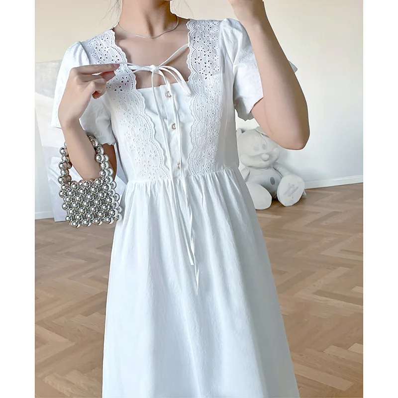 

Korean Version of Pure Color Short-sleeved Lace Square Collar Dress Female Summer Fashion New Casual White Dress Princess Dress