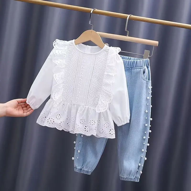 2023 Spring Autumn Girls Outfit Sets Baby Girls Shirts+ Denim Pants2022 Baby Clothes Suit Sets Pearl 2 -6 Years Kids Outfits