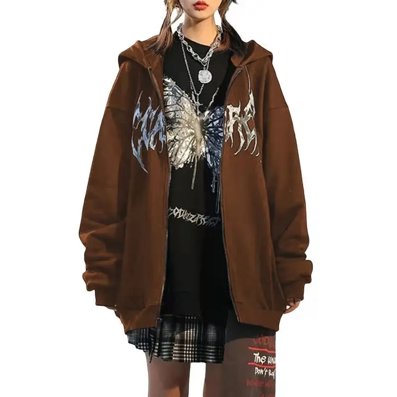 Streetwear Women's Sweatshirts Zip Hoodie Y2K Tops Oversized Girls Retro Gothic Woman Clothes Harajuku Butterfly Print |