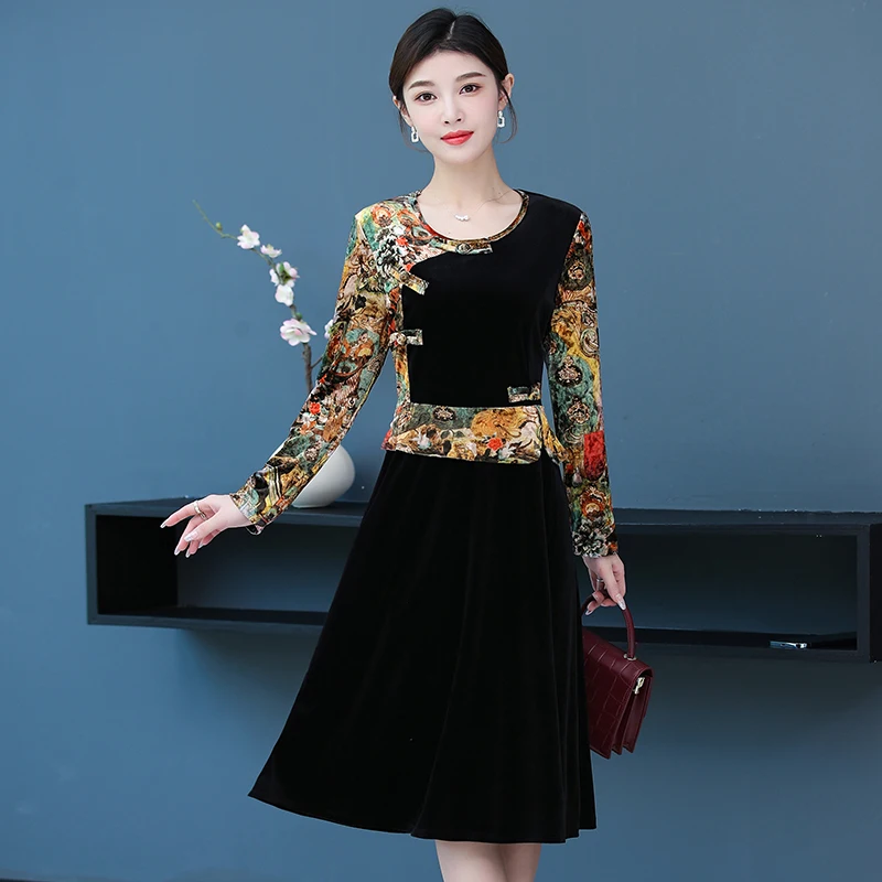 

Chinese Style Women's Gold Velvet O Neck Dress Vintage Elegant Dress Autumn Patchwork Dress Women Party Casual Maxi Vestidos