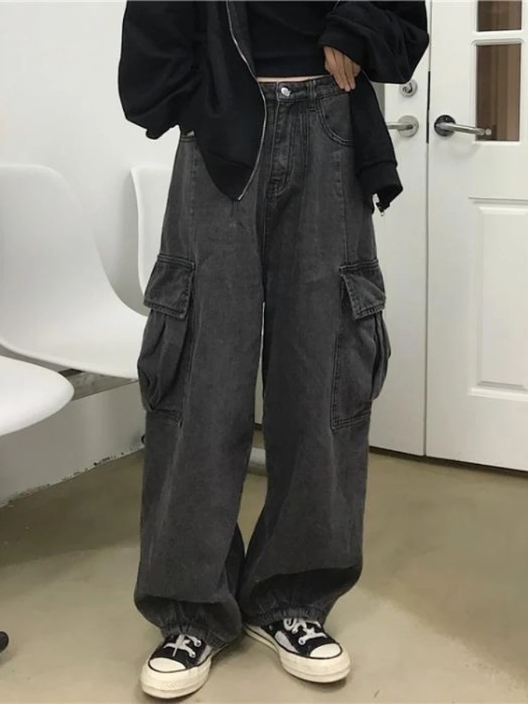 QWEEK Grunge Streetwear Gray Baggy Jeans Women Korean Fashion Oversized Pockets Cargo Denim Pants Hip Hop Wide Leg Trousers