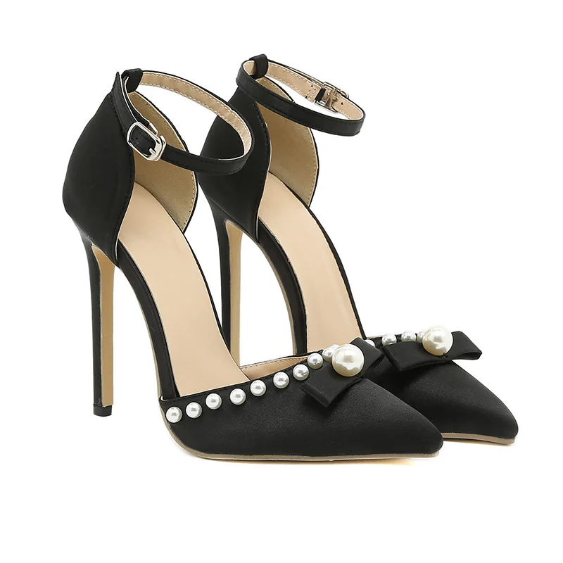 

Женские босоножки на высоком каблуке, сандалии в европейском и американском стиле с острым носком, жемчугом, бантом и ремешком с пряжкой, 2022