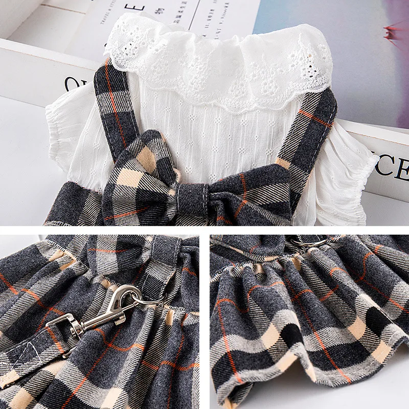 

Princess Style Doll Shirt Plaid Skirt Traction Rope Pet Dog Cat Thin Pet Clothing Spring Summer Autumn Teddy Bear Clothing