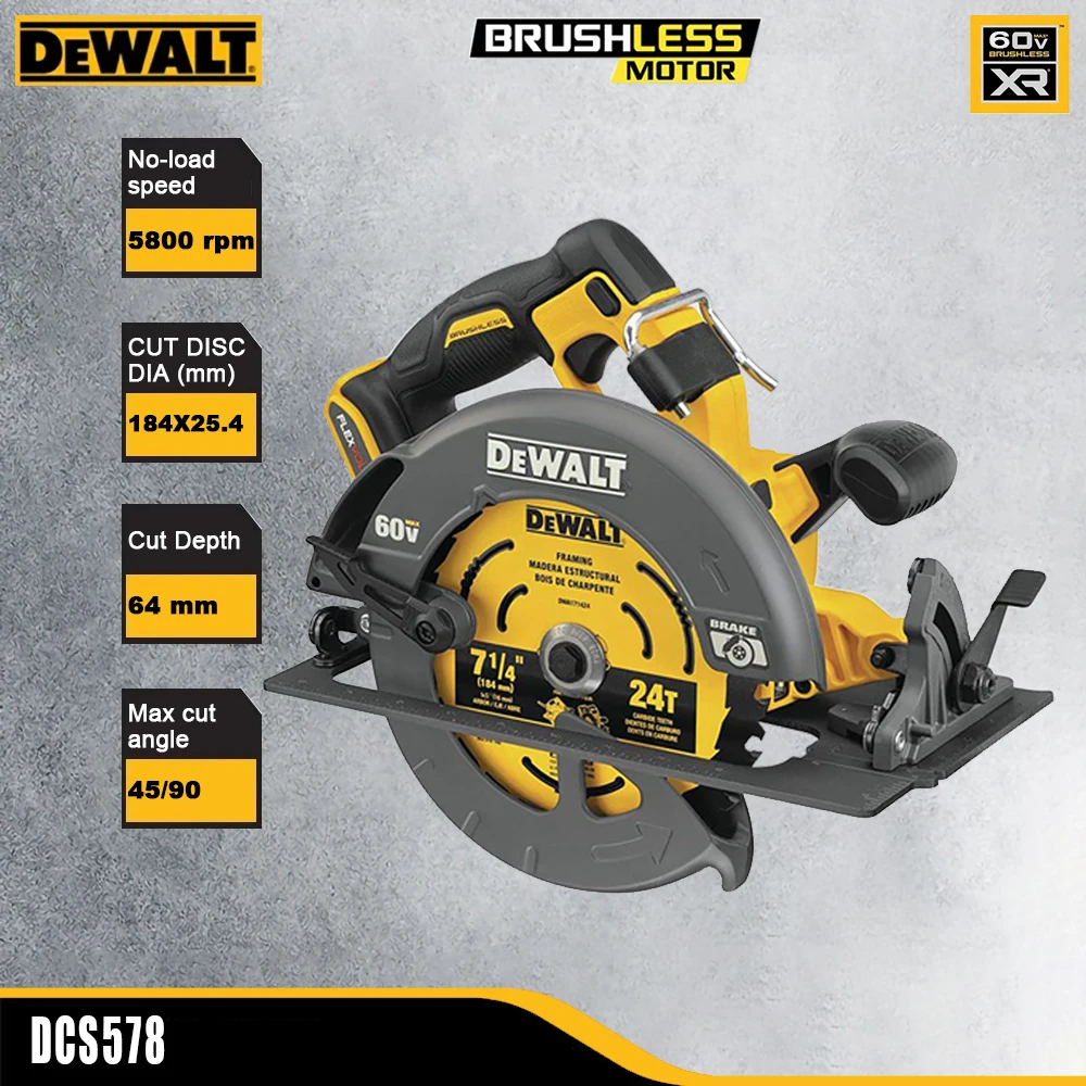 DeWALT DCS578 60v Wireless Circular Saw Rechargeable 7 Inch 184x25.4mm Adjustable Degree for Cuting Universal Flex Volt Battery