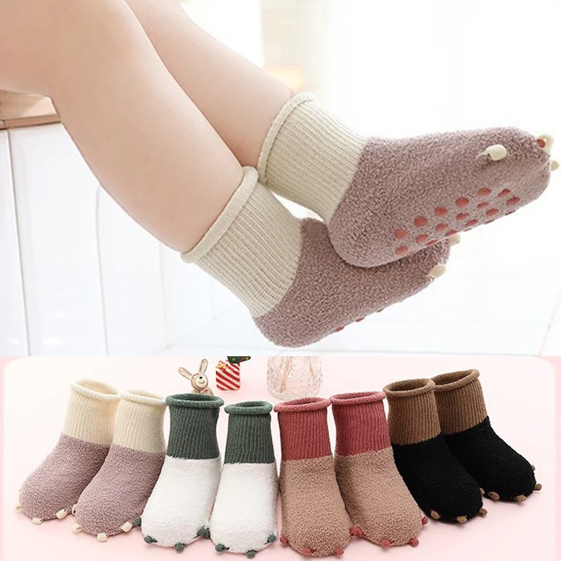 

Coral Fleece Baby Socks Cute Bear Paw Kids Anti Slip Floor Socks Autumn Winter Boys Girls Thicken Warm Rubber Indoor Socks
