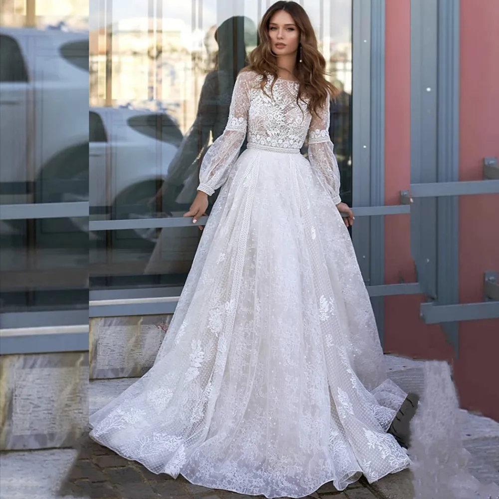 

Boho Boat Neck Lace Applique Wedding Dress Lantern Sleeve Zipper Back Tulle Beach Bridal Gown A-Line Floor Length Robe De Mariée