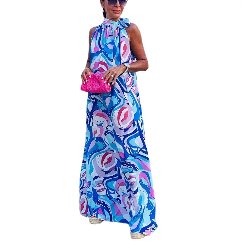 

Loose Maxi Dress Women Halter Sleeveless Floor Length Robe 2022 Summer New Fashion Print Beach Style Holiday Long Dress Vestidos