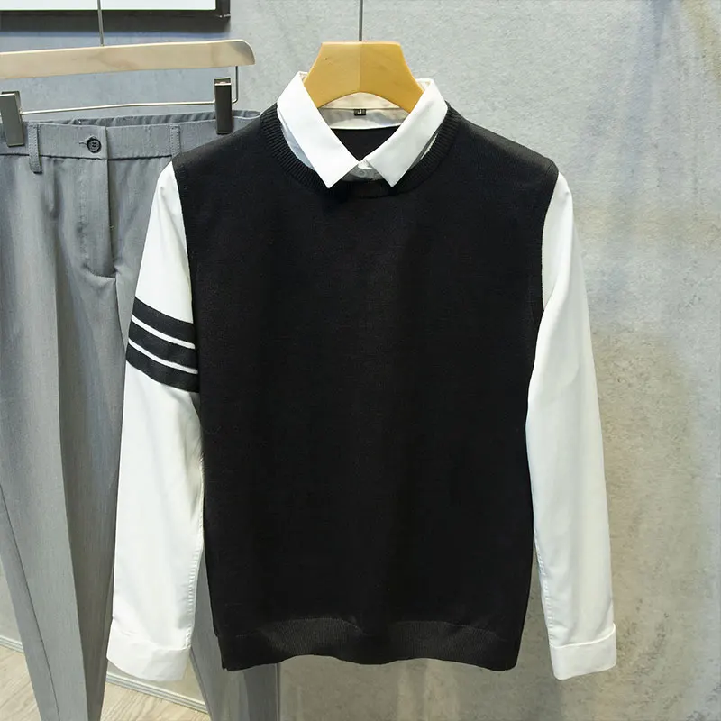 Три стержня искусственный двухсекционный свитер с воротником рубашки мужской