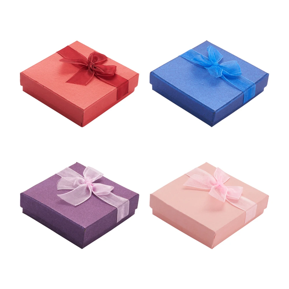 

6pcs Square Cardboard Bracelet Bangle Boxes Mixed-Color Bowknot Organza Ribbon DIY Gift Package Box with Fabric inside 9x9x2.7cm