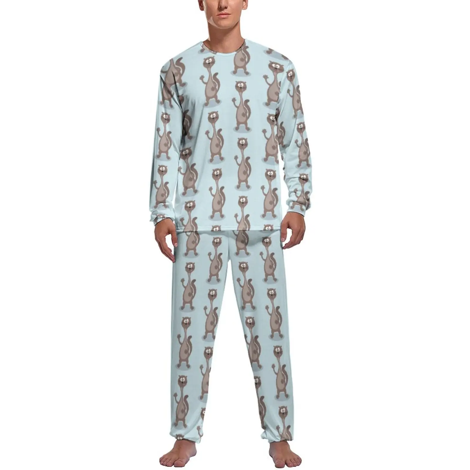 

Funny Ferret Pajamas Man Cartoon Animal Print Soft Nightwear Autumn Long-Sleeve 2 Pieces Bedroom Custom Pajamas Set