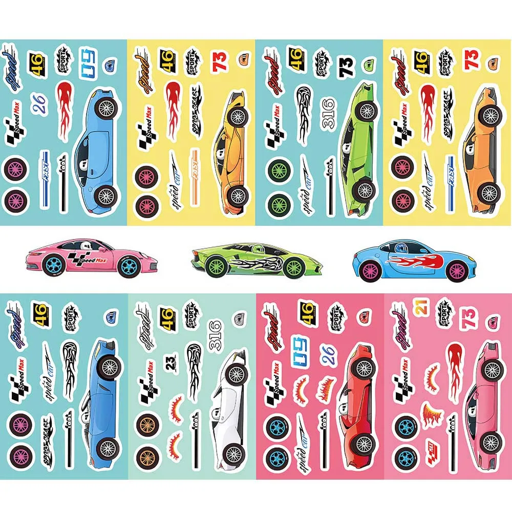 

8/16Sheets Cartoon Race Car Game Make-a-face Puzzles Varied Graffiti Stickers DIY Travel Luggage Laptop Helmet Decoration Decals