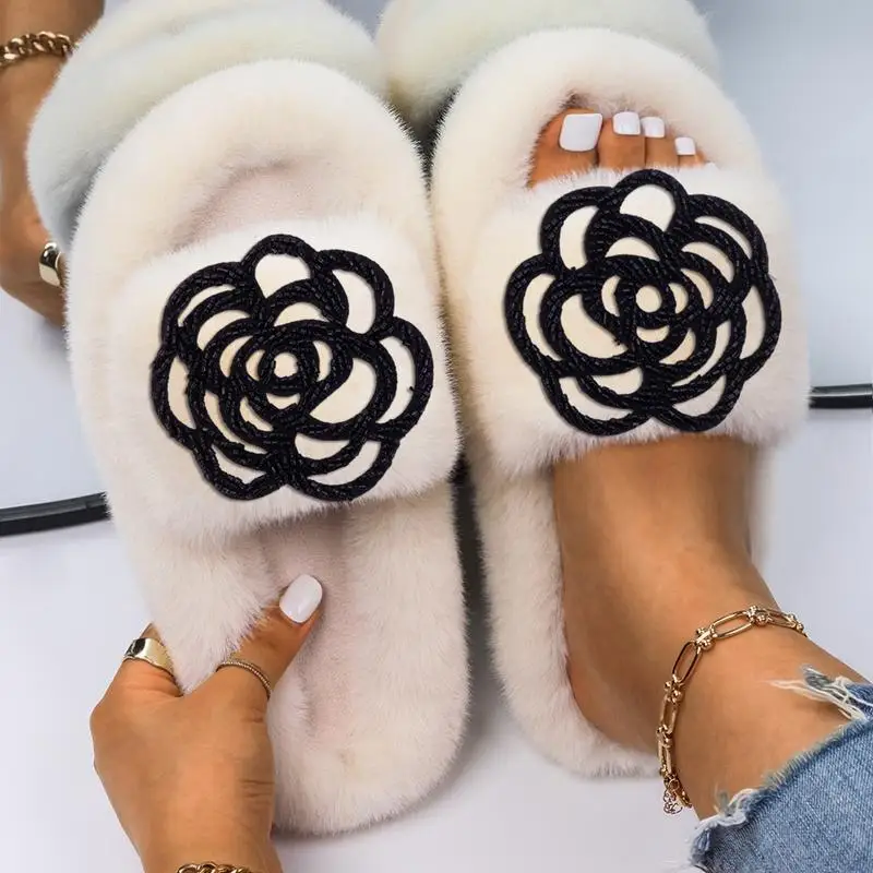 Slippers Women Winter Faux Fur Shoes Women Slides Plush Home Slippers Black Hollow Flowers Indoor House Warm Fur Flats
