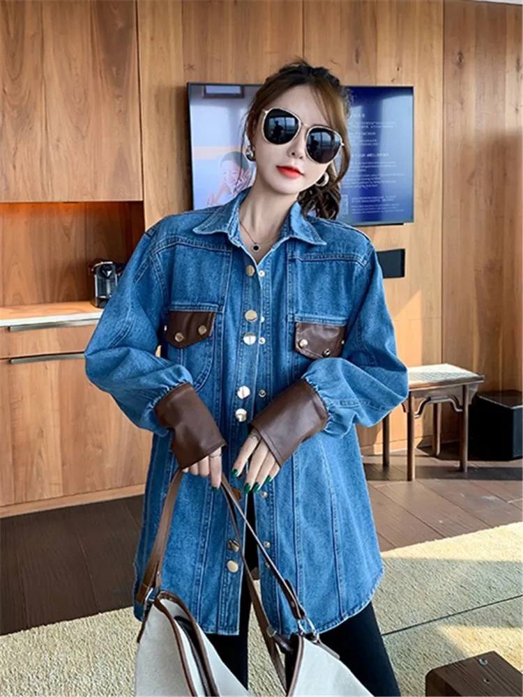

Женская джинсовая куртка с длинным рукавом, винтажная облегающая ковбойская куртка в стиле хип-хоп, с металлическими пуговицами, модель 2022 ...
