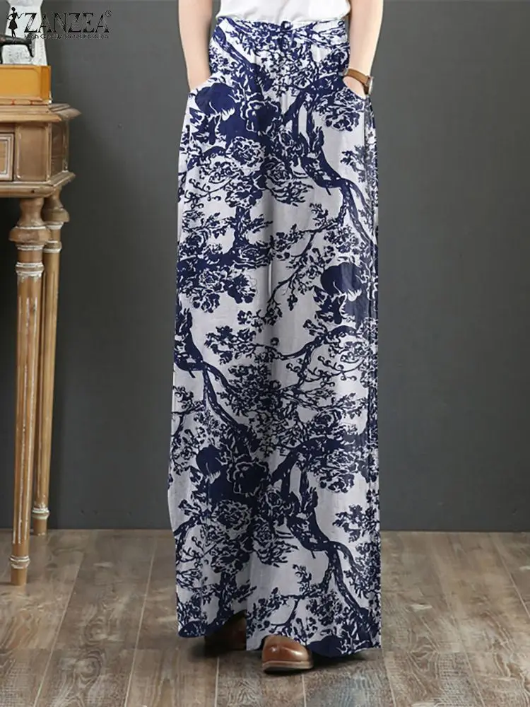 

ZANZEA Women Wide Leg Trousers Autumn Floral Printed Pants Floor Length Loose Pantalon Elegant Causal Loose Work OL Palazzo 2023