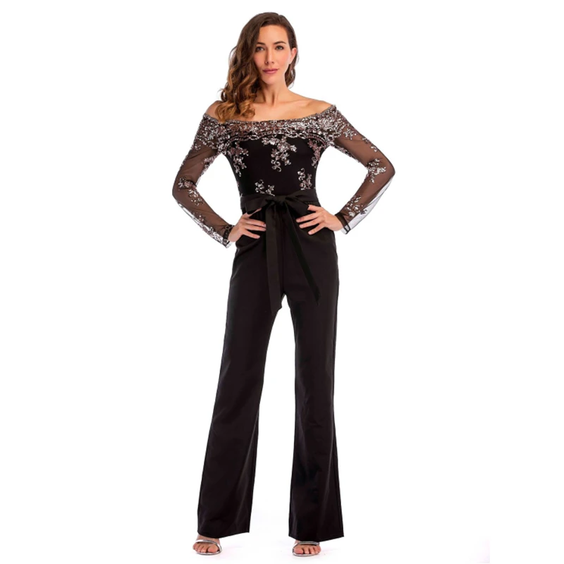 

Fashion Jumpsuits Womens Spring Summer Outfit 2022 Long Sleeve Slash Neck Rompers Jumpsuit Black Sequined Jump Suits Elegance
