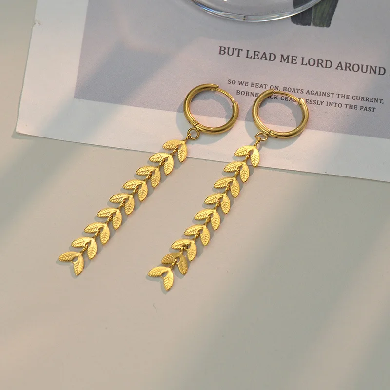 Elegant Leaf Fringe Drop Earrings Fishtail Shape Stainless Steel Long Earrings for Women Ladies Daily Jewelry Accessories
