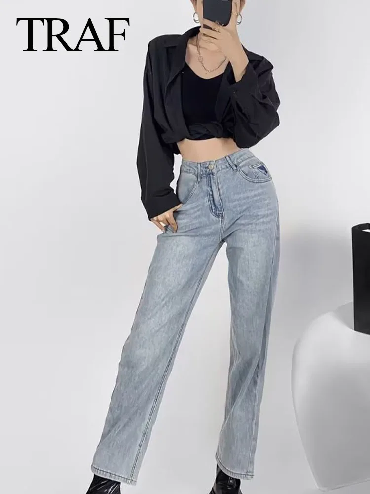 

TRAF Women New Fashion Summer Pencil Pants Denim Blue High Waist Pockets Button Zippers Female High Street Style Long Jeans
